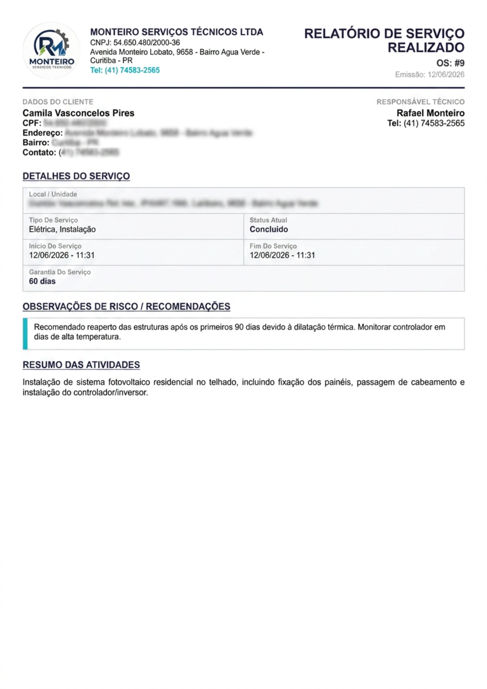 Segunda página de relatório de serviço realizado com valores, observações e registro fotográfico