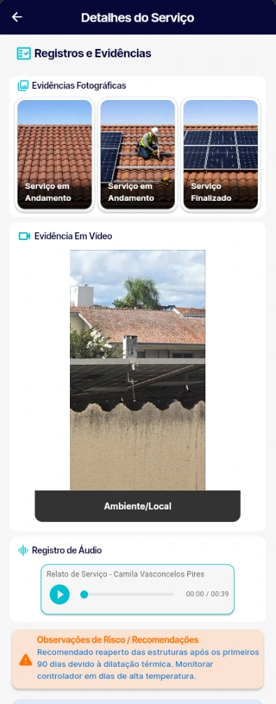 Prévia da tela de serviço com fotos, vídeos e áudios registrados no Voolke