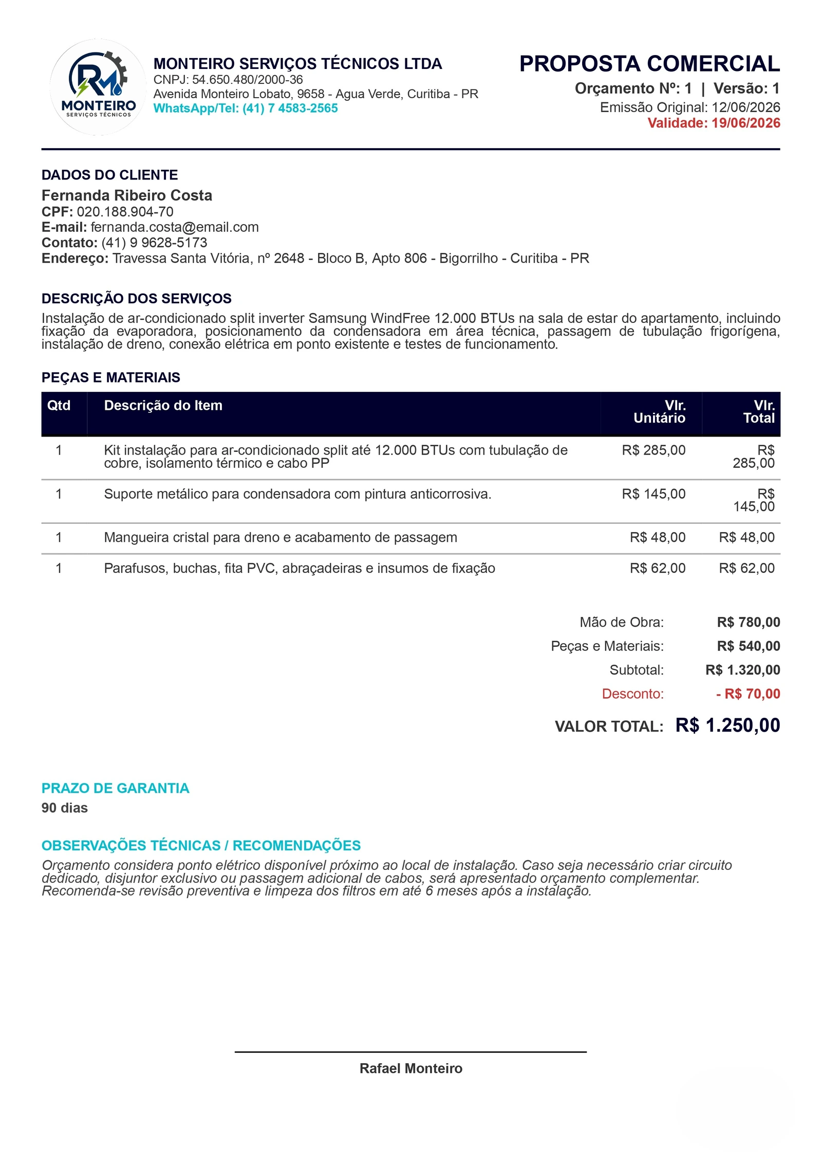 Prévia de orçamento em PDF gerado pelo Voolke
